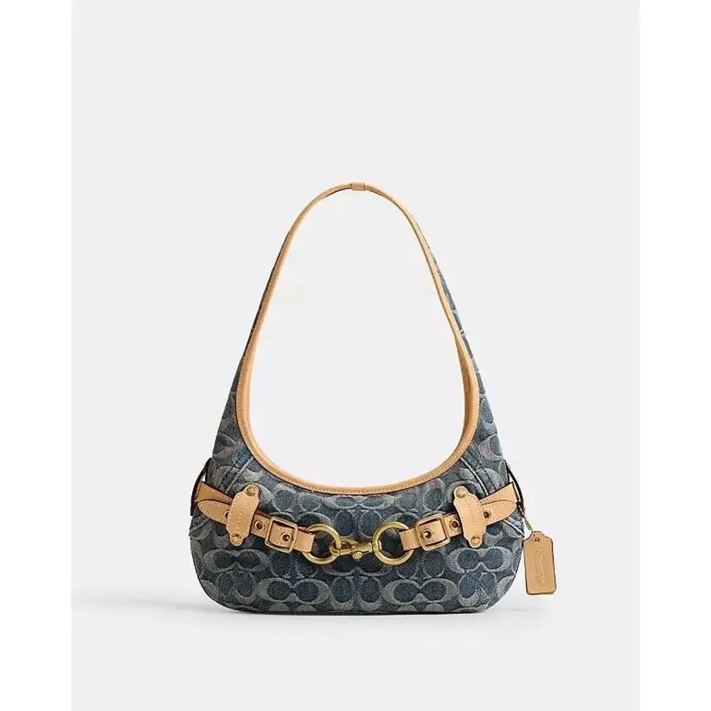 NWT Coach Belted Ergo Shoulder Bag 26 Signature Regenerative Cotton Denim CEN94